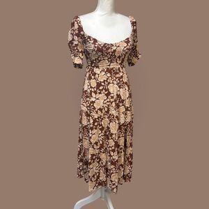 Abercrombie Floral Midi Dress XXSP Petite Brown Puff Sleeve Smocked